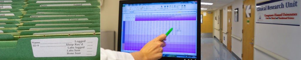 Three images: data folders, a spreadsheet, Clinical Research Unit corridor. 