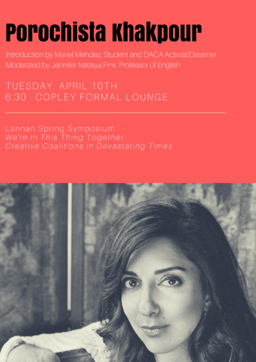 A flyer for Porochista Khakpour's keynote speech on Tuesday, April 10th at 6:30pm