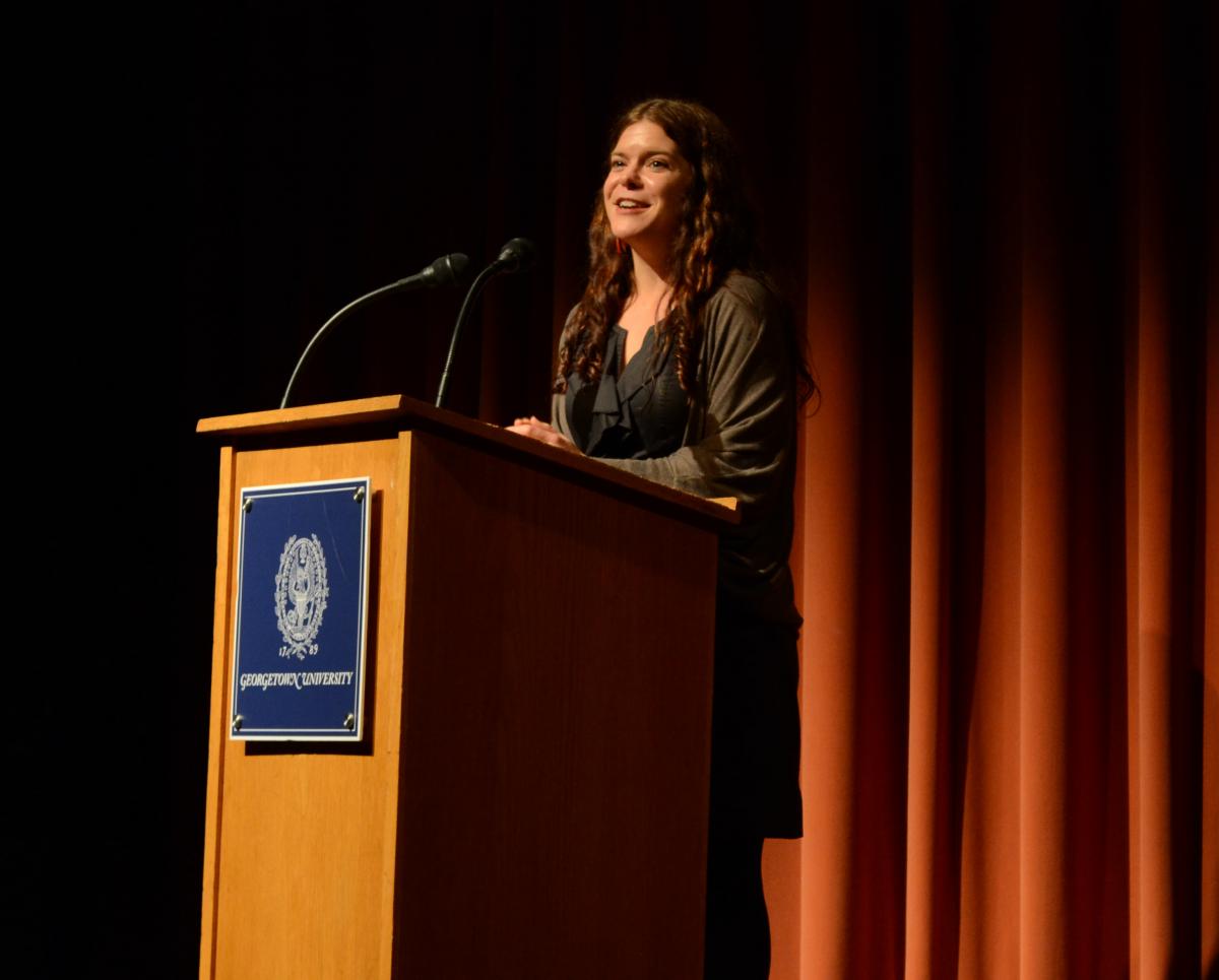 Mary Kathryn Nagle giving her talk at a podium