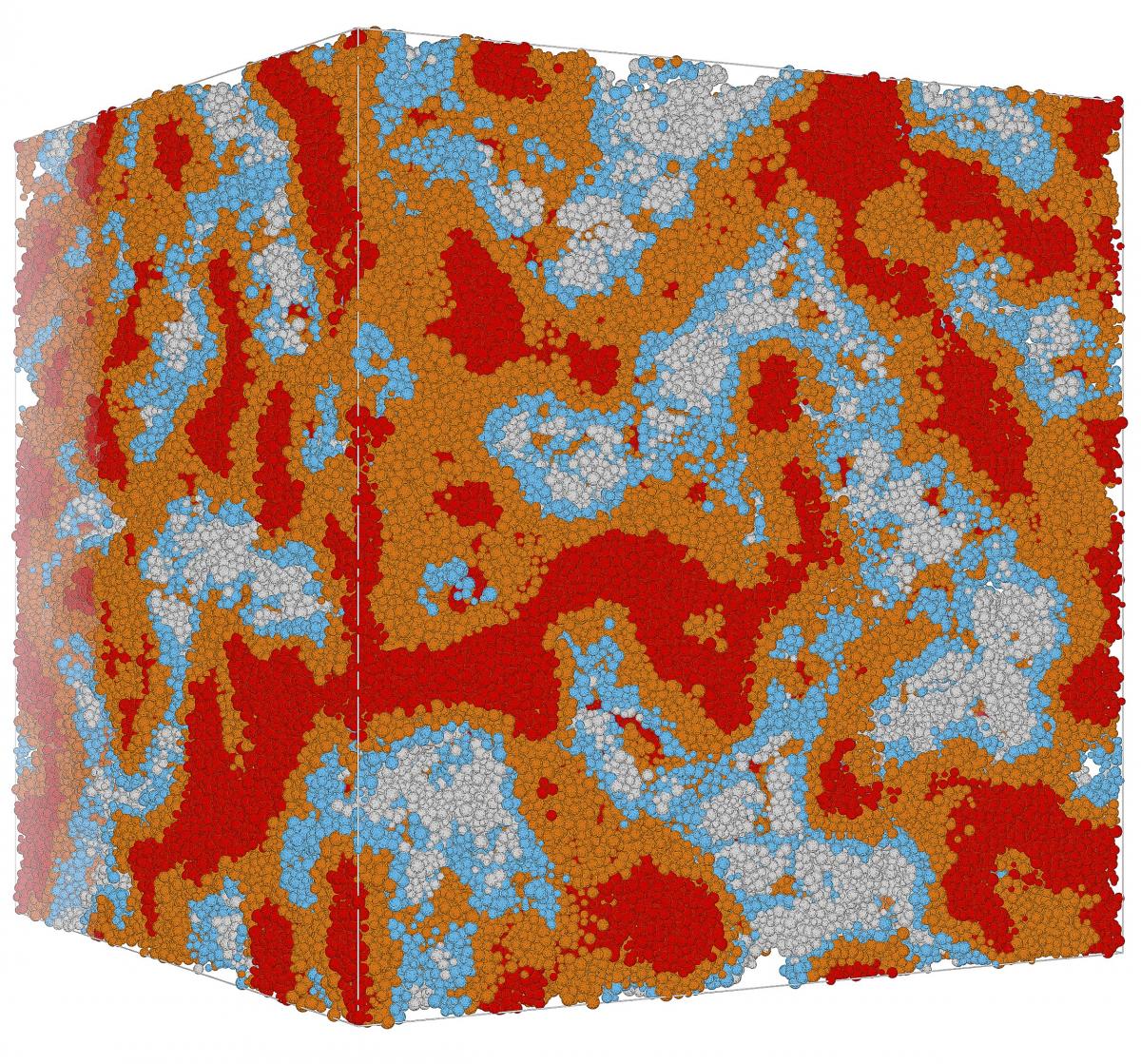 Snapshot of numerical simulations of cement hydrates, with the colors indicating different local densities.