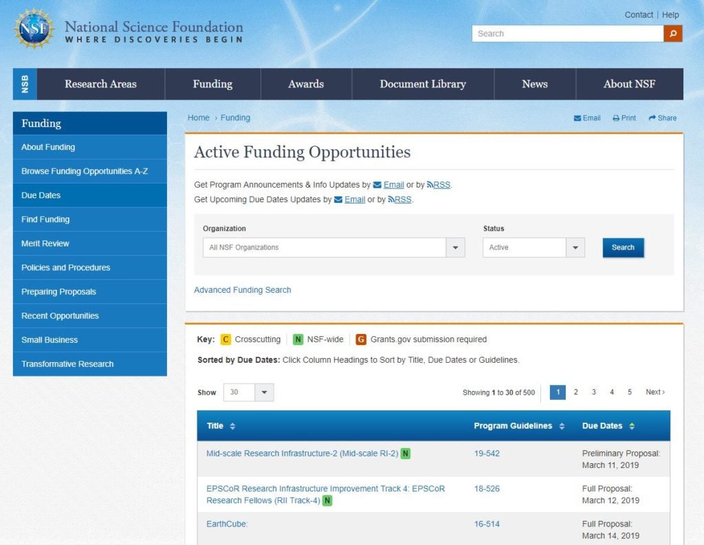 NSF Funding Opportunities Search Page