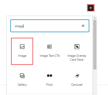 search of the image block with a red highlight around the block icon in the search
