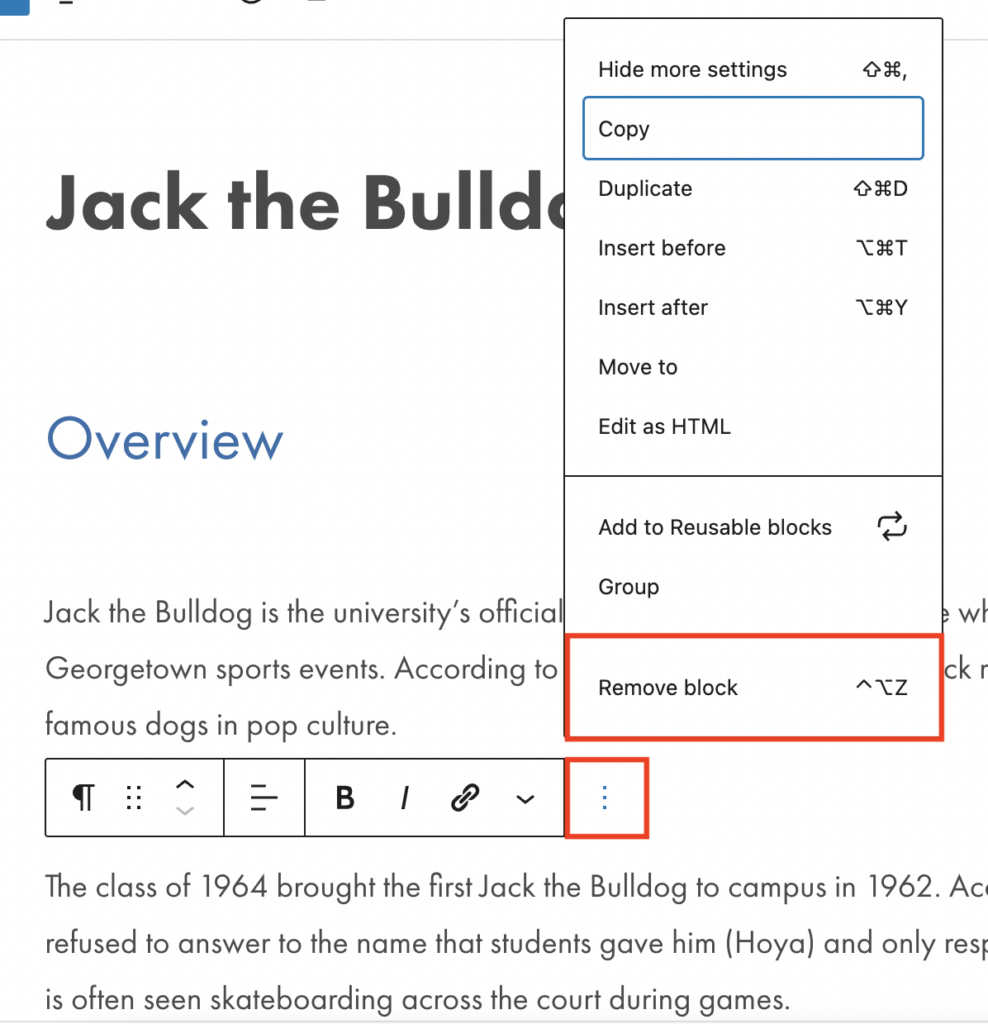 View of the WordPress editor with the block options open. The remove block option is highlighted in a red box.