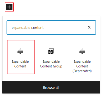 expandable content block search with "+" button and expandable content block icon highlighted with a red box