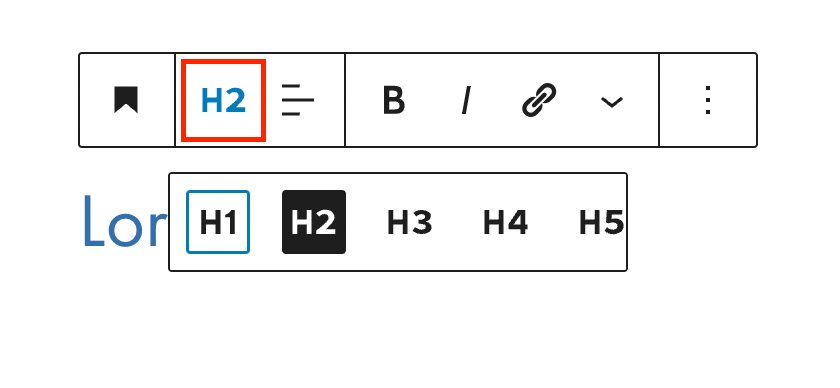 View of a heading block in the WordPress editor with the heading level options open and highlighted in a red box.