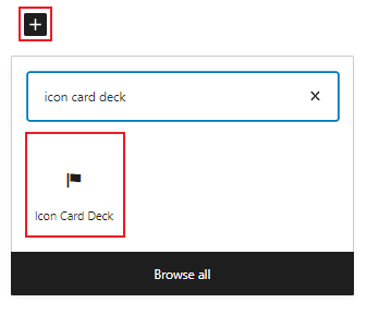 icon card deck search with the "+" button and icon card deck icon highlighted with a red box