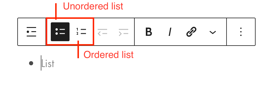 View of the list block in the WordPress editor with the unordered and ordered list options highlighted in a red box.