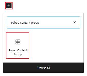 paired content group block search with icon and "+" button highlighted with a red box