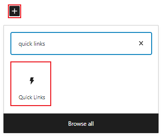 quick links block search with "+" and quick links icon buttons highlighted with a red box