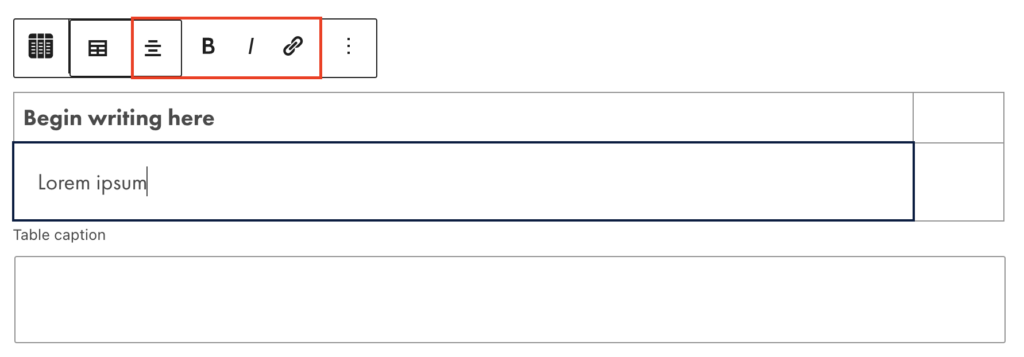 View of the Data Table block in the WordPress editor with the center, bold, italicize, and link options highlighted in a red box.