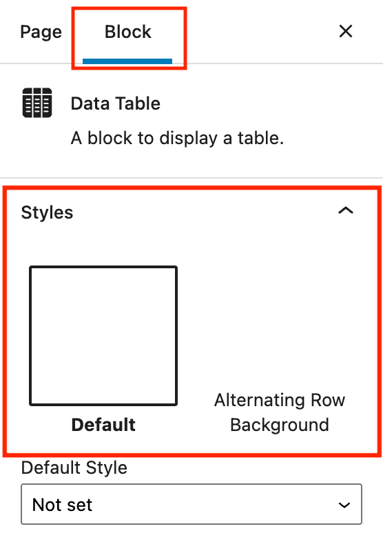 View of the Data Table style options.