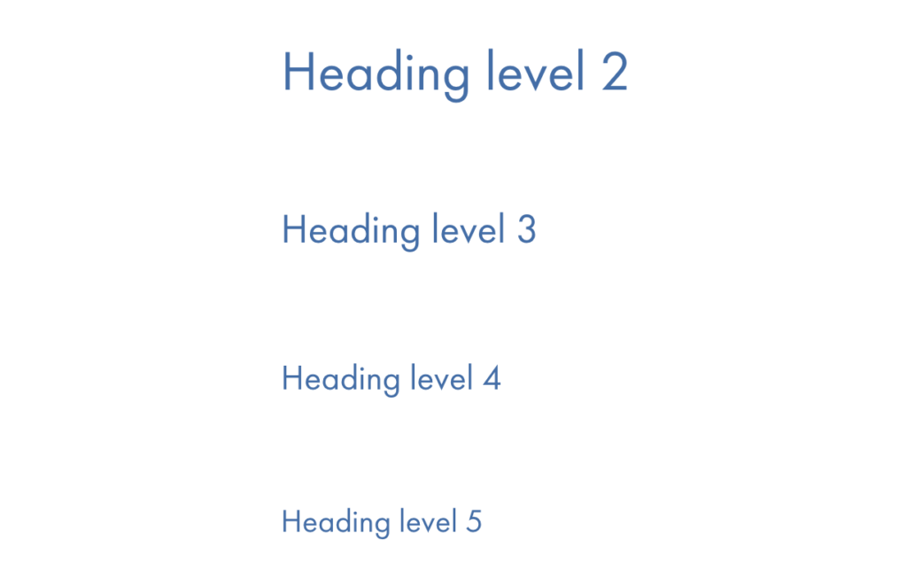 View of five WordPress heading blocks, each with a different heading level.