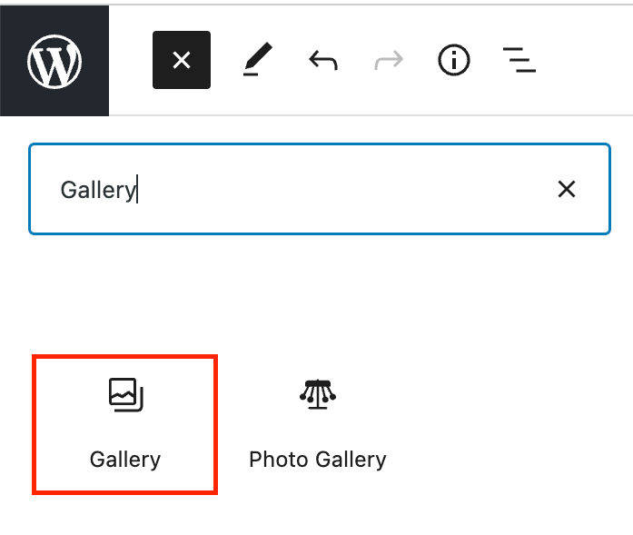 View of the Gallery block in the WordPress block inserter.