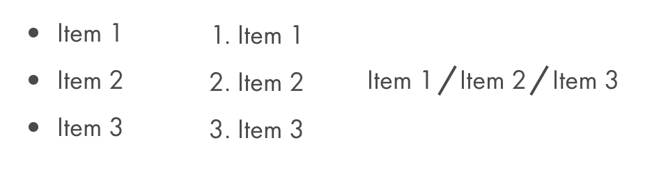 View of an unordered, ordered and inline list block.