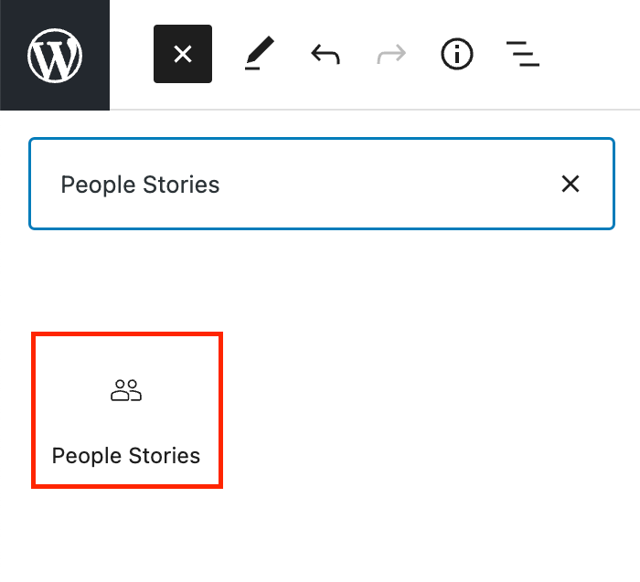 Screenshot of the People Stories block being highlighted with a red box in the block inserter.