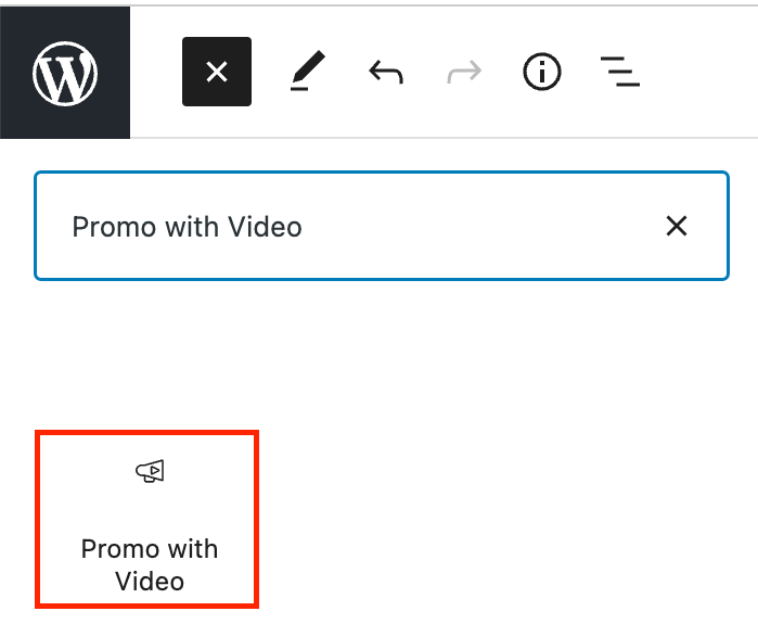 The Promo with Video block in the WordPress inserter.