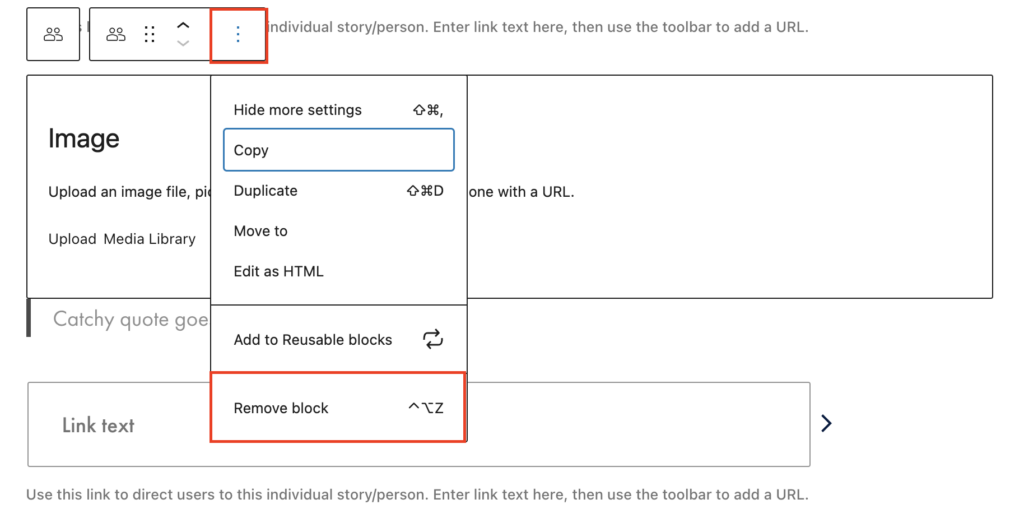 View of the People Stories block in the editor with the block optons open and the Remove block option highlighted with a red box.