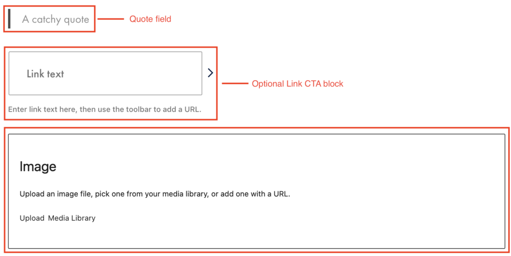 Testimonial block editor in WordPress with the quote, link CTA, and image fields highlighted and labeled with a red box.