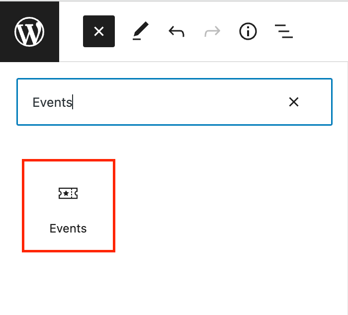The Events block in the WordPress block inserter.
