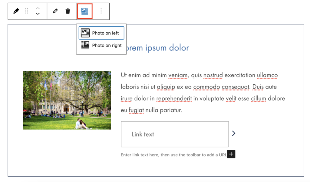 A filled out highlight block in the WordPress editor with the image alignment icon open and highlighted in a red box.