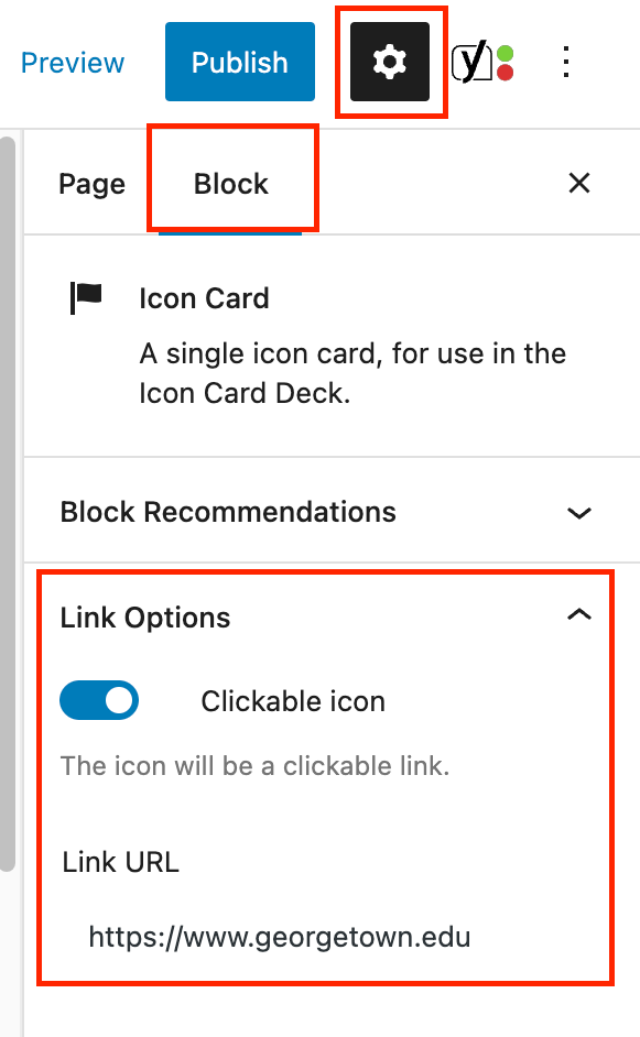 The icon card deck inspector panel with link options highlighted in a red box.