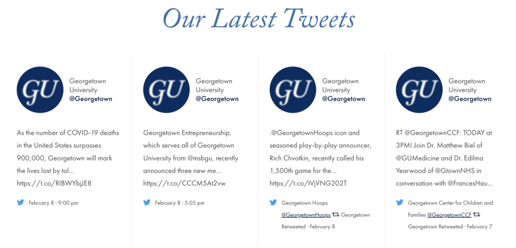 The Our Latest Tweets block displaying the four latest tweets from Georgetown.