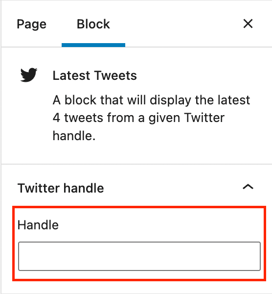 The inspector panel for the Latest Tweets block with the Handle field highlighted in a red box.