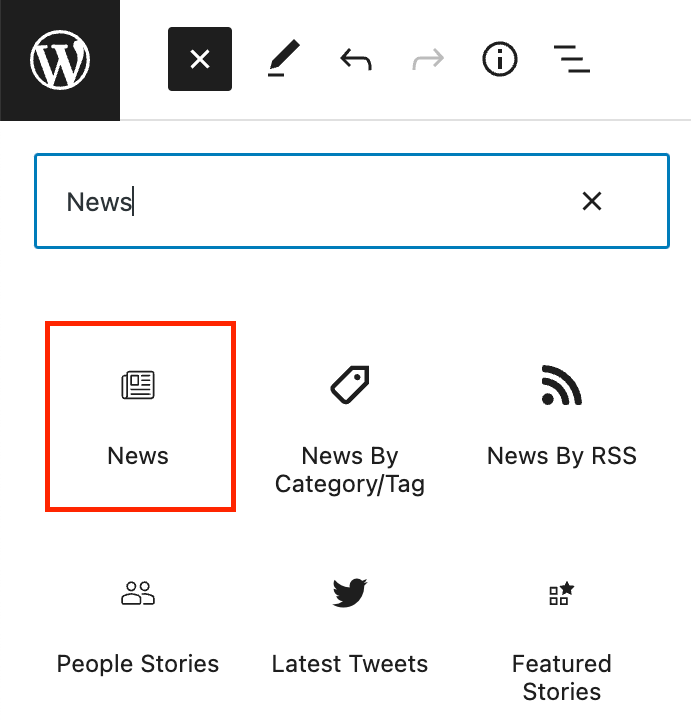 The News block in the WordPress block inserter.