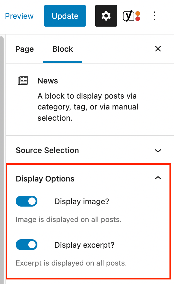 The News block's inspector panel with the Display Options highlighted in a red box.