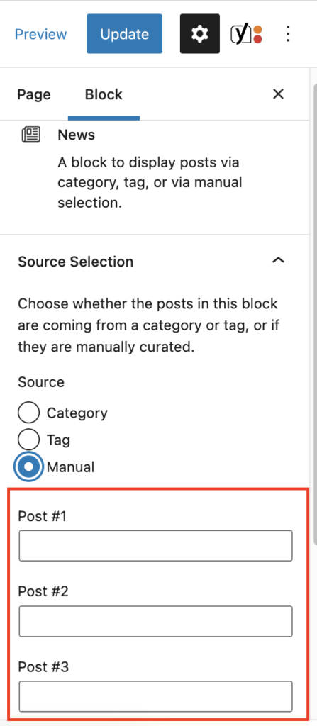 The News block's inspector panel with the manual source option selected and the post fields highlighted in a red box.