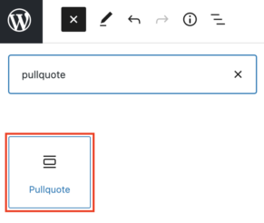 The pullquote block icon outlined in red under the block inserter.