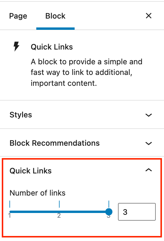 The inspector panel for the Quick Links block with the number of links section highlighted in a red box.