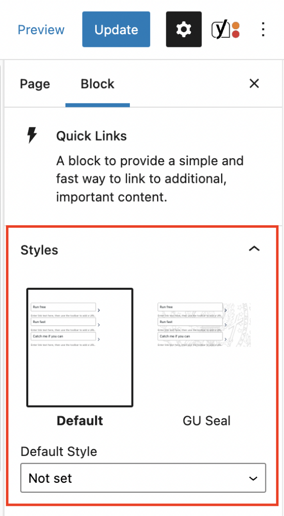 The inspector panel for the Quick Links block with the styles section highlighted in a red box.