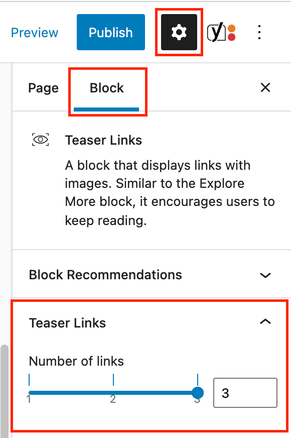 Inspector panel for the Teaser Links block with the number of links section highlighted in a red box.