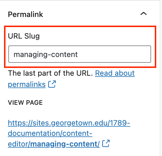 The permalink section of the inspector panel with the URL Slug field highlighted in a red box.