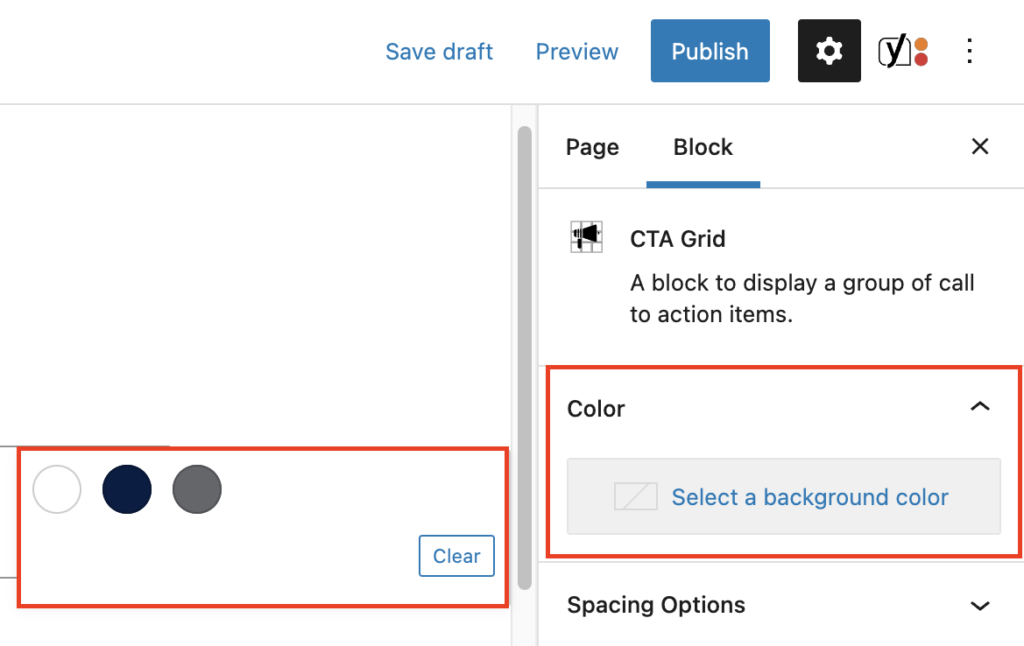The inspector panel for the CTA Grid block with a red box highlighting the color options.