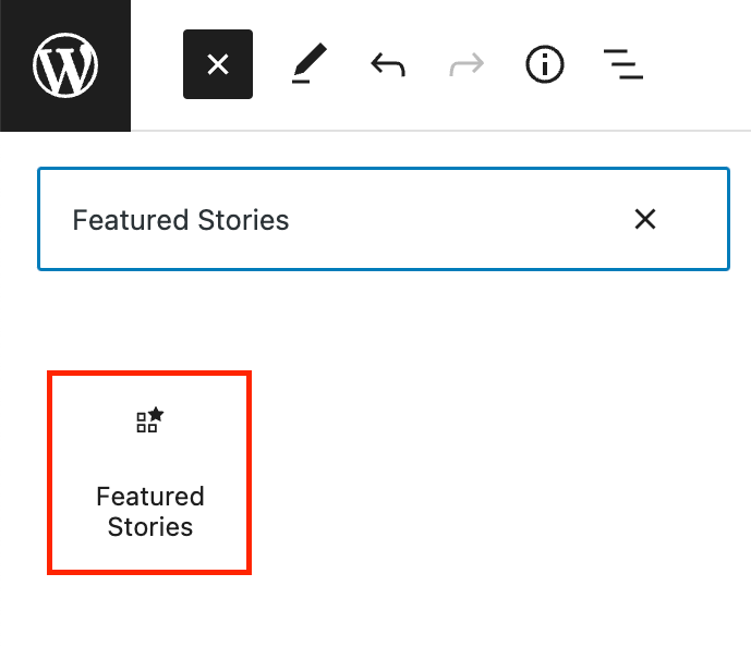The Featured Stories block in the WordPress block inserter.