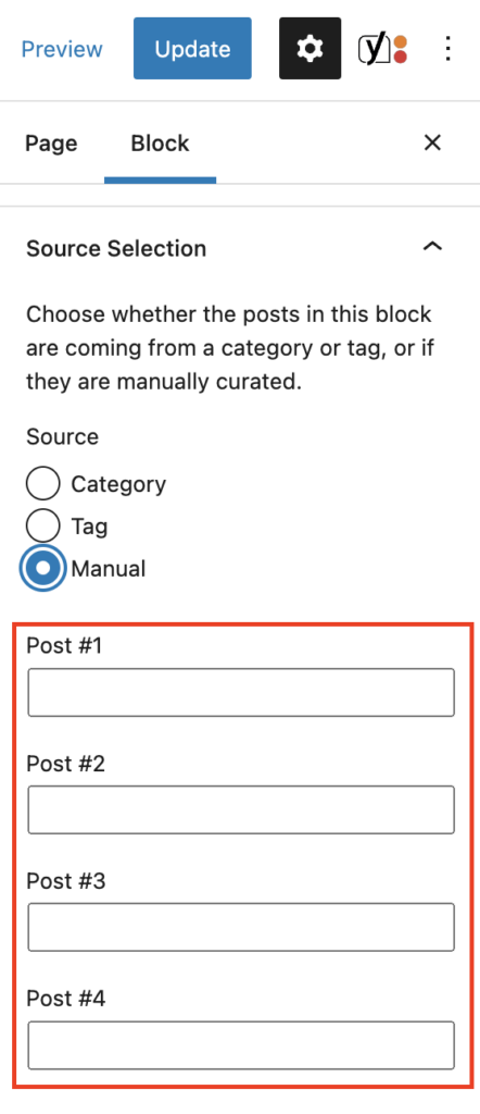 The Featured Stories block's inspector panel with the manual source option selected and the post fields highlighted in a red box.