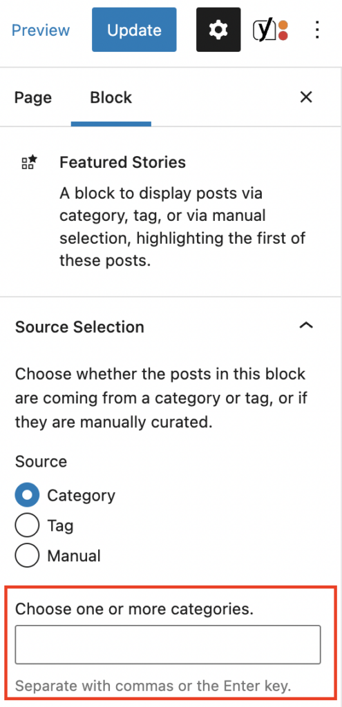 The Featured Stories block's inspector panel with the category field highlighted in a red box.