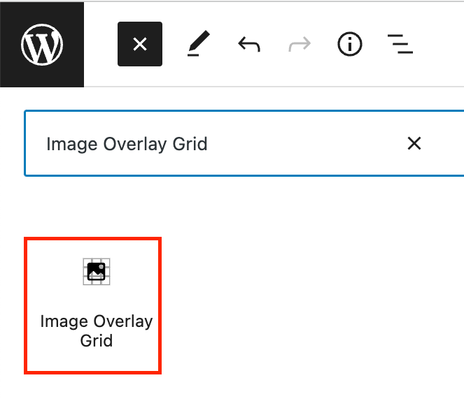 The Image Overlay Grid block in the WordPress block inserter.