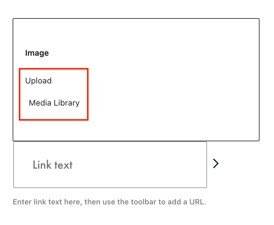 The Image Overlay Grid block in the WordPress editor with the upload and media library options highlighted in a red box..