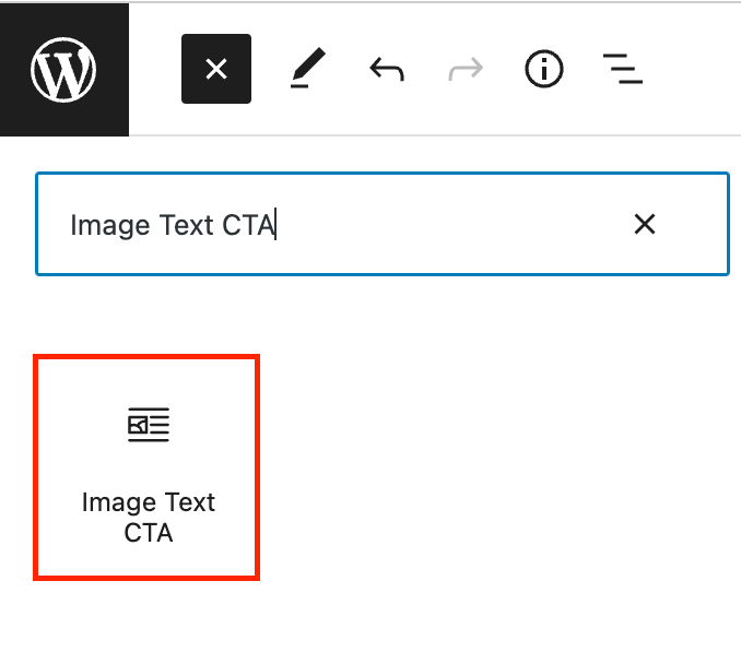The Image Text CTA block in the WordPress block inserter.