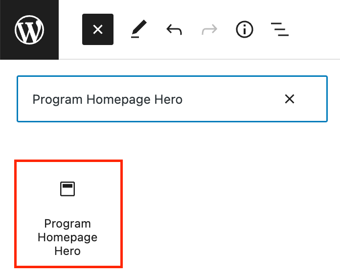 The Program Homepage Hero block in the WordPress block inserter.