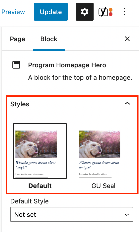 The block tab of the inspector panel for the Program Homepage Hero block with the Styles section highlighted in a red box.