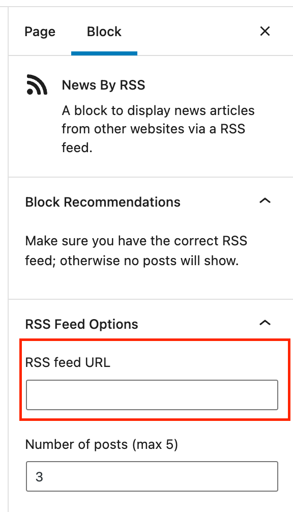 The inspector panel for the RSS block with the RSS feed URL field highlighted in a red box.