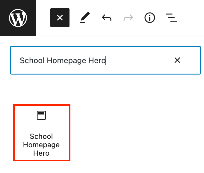 The School Homepage Hero block in the WordPress block inserter.
