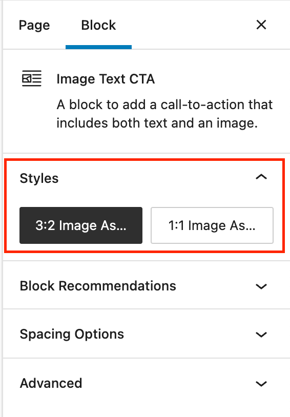Block settings tab for the Image Text CTA block. The 3:2 and 1:1 image style options are highlighted in a red box.