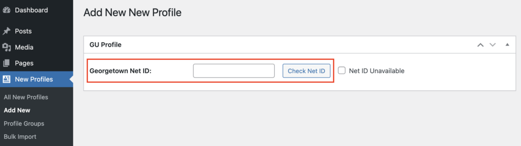 The New profile page with the Georgetown Net ID and Check Net ID button highlighted in a red box.
