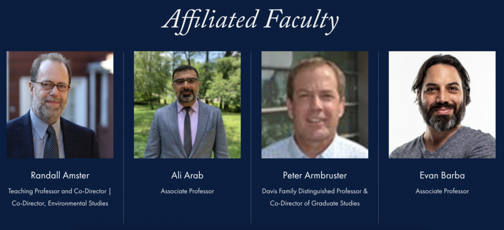 The People Profiles block with the heading "Affiliated Faculty" and four profiles in a row below the heading. The background of the block is Georgetown Blue.