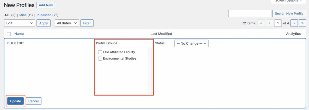 The expanded Bulk Edit options with the update and Profile Groups sections highlighted in a red box.